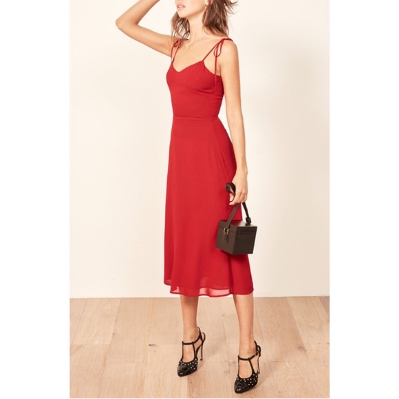 Reformation Nectar Dress Lipstick Red Chiffon Midi Tie Spaghetti Straps Size 8